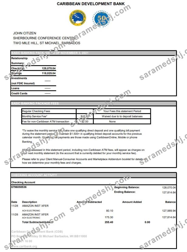 Barbados Caribbean Development bank statement easy to fill template in .xls and .pdf file format